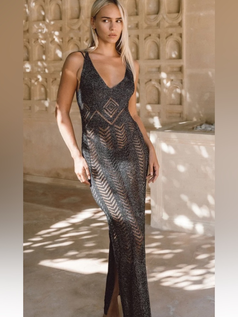 The Roro dress Black Sheer Knit Maxi Dress with V-Neck and Geometric Pattern